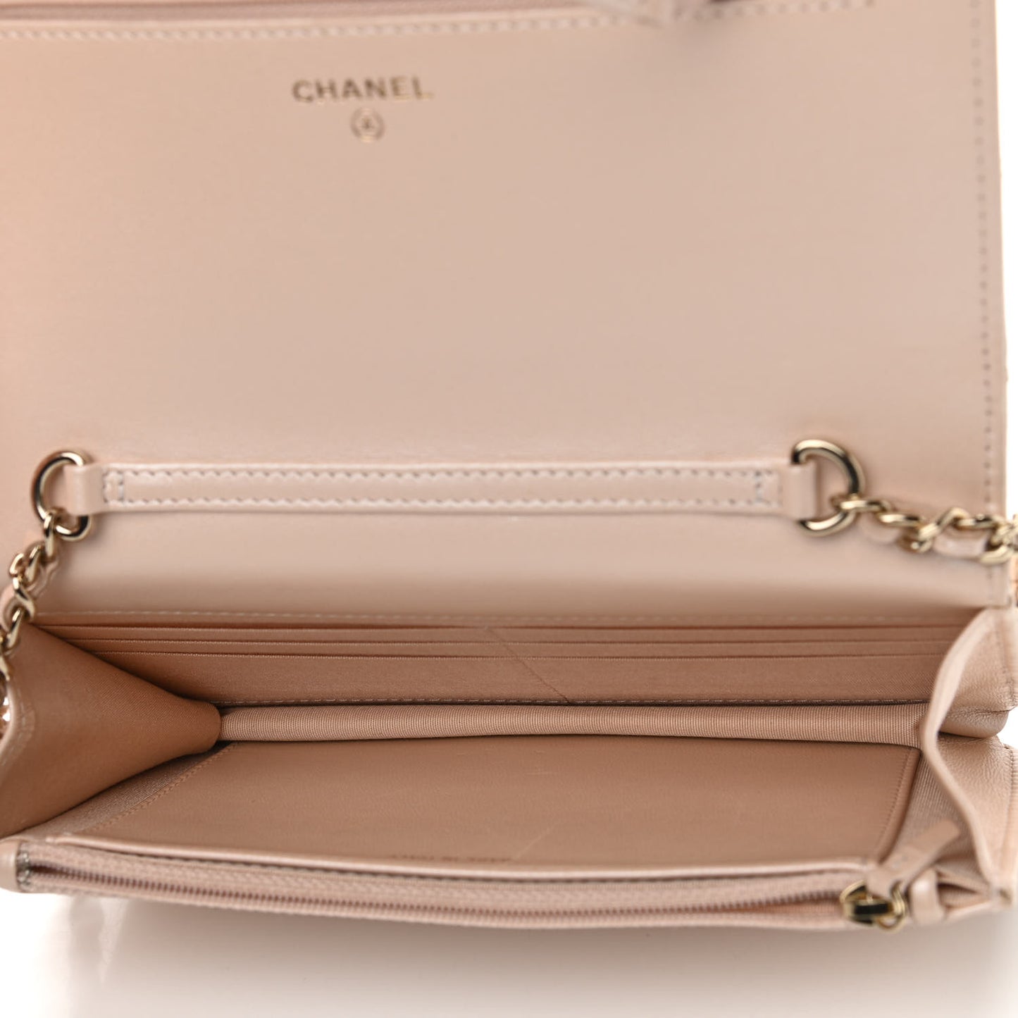 Iridescent Lambskin Quilted Pearl Wallet On Chain WOC Light Beige