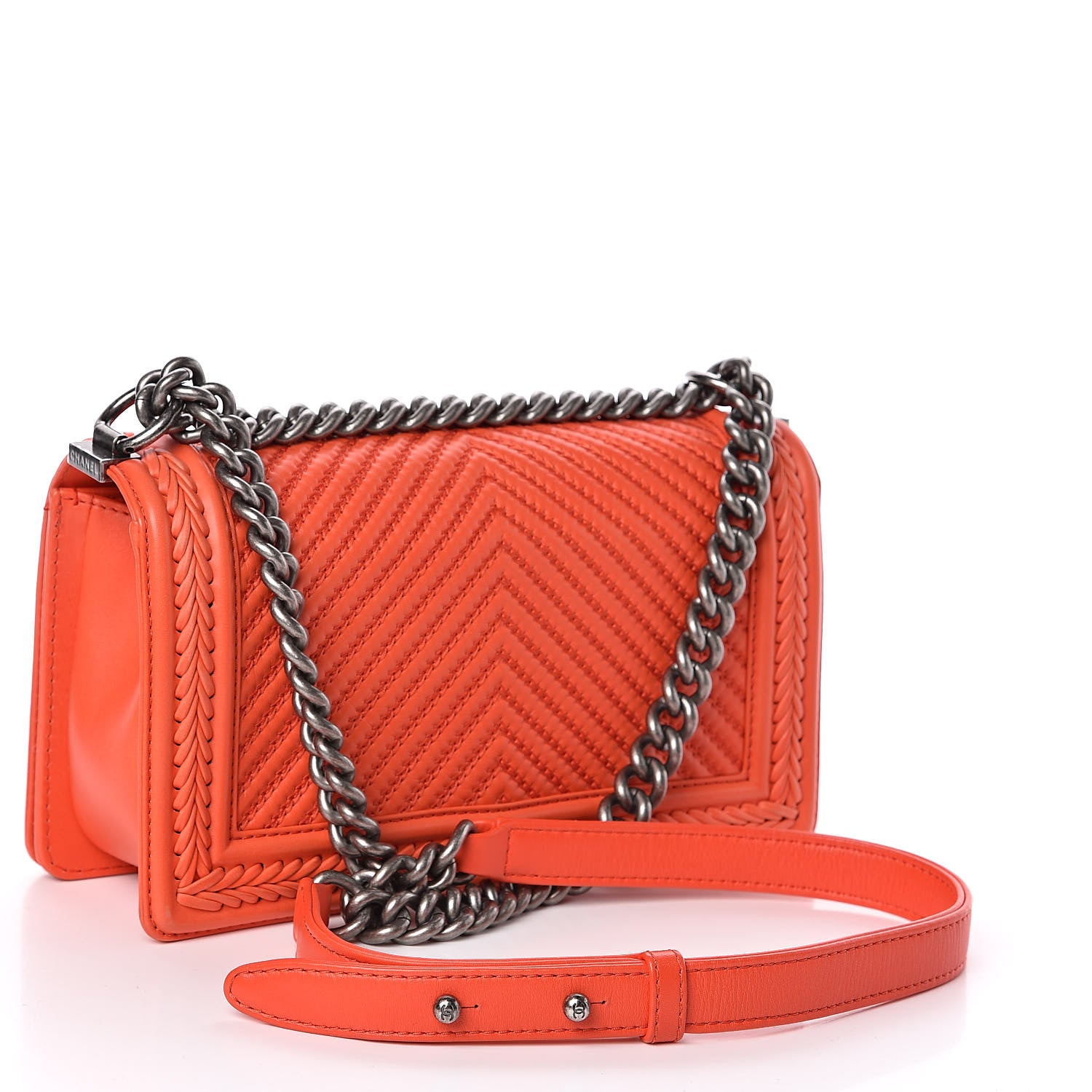 Chanel Calfskin Chevron Quilted Medium Braided Boy Flap Orange 3 of 11