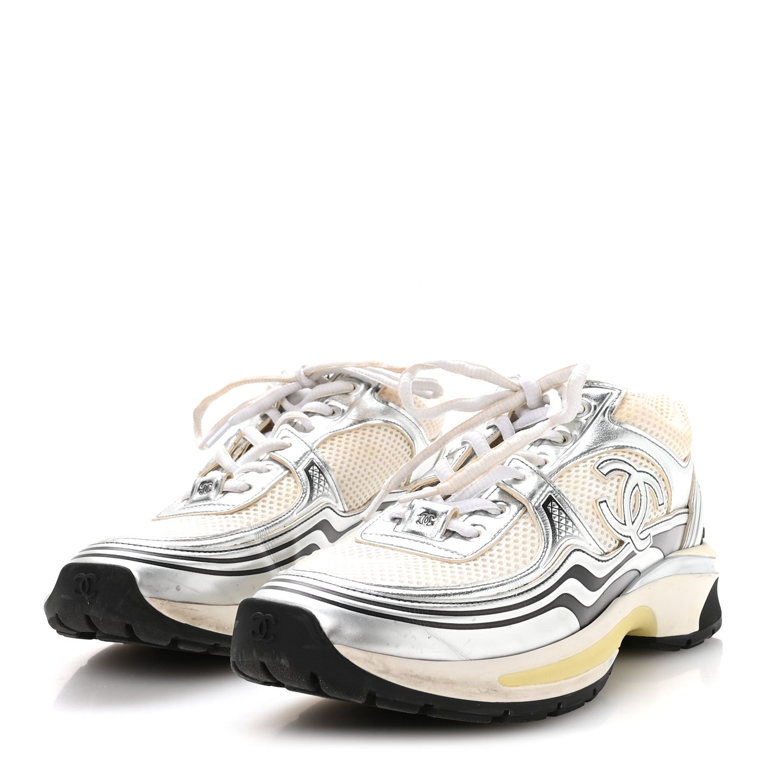 Chanel Fabric Laminated Calfskin Stretch CC Sneakers 38.5 White Silver 4 of 7
