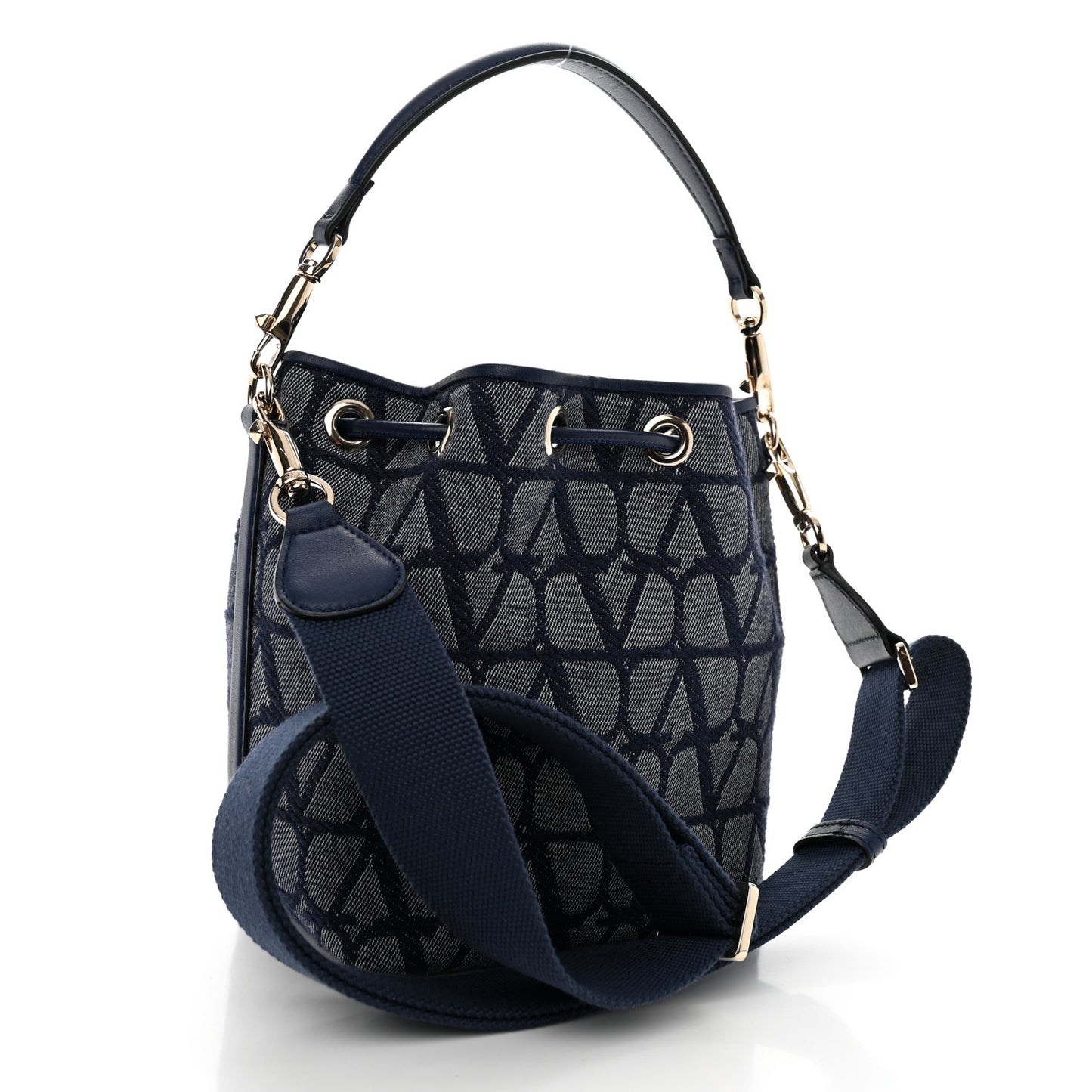 Toile Iconographe Nappa Vlogo Small Loco Drawstring Bucket Bag Melange Denim Worker