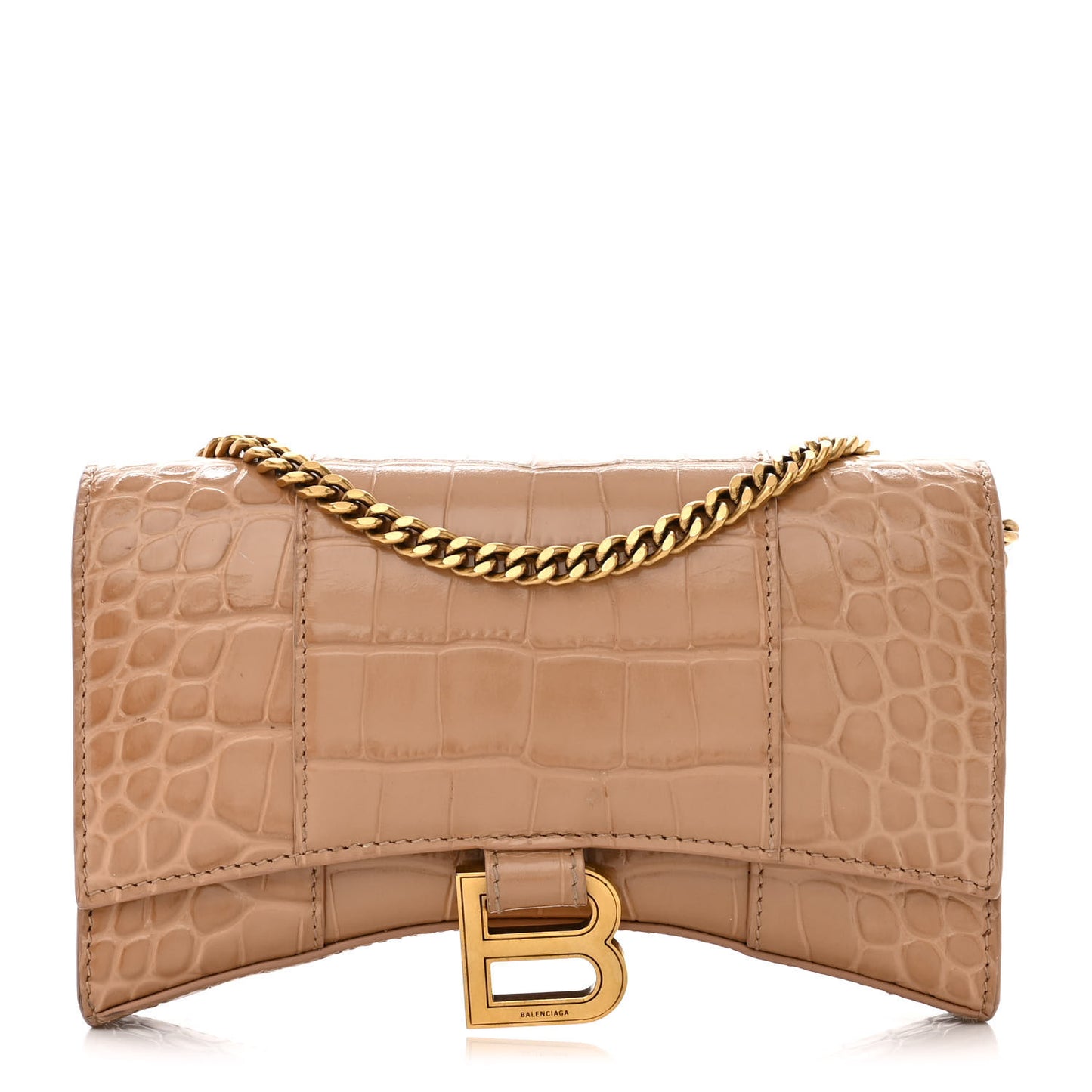 Shiny Calfskin Crocodile Embossed Hourglass Chain Bag Nude Beige