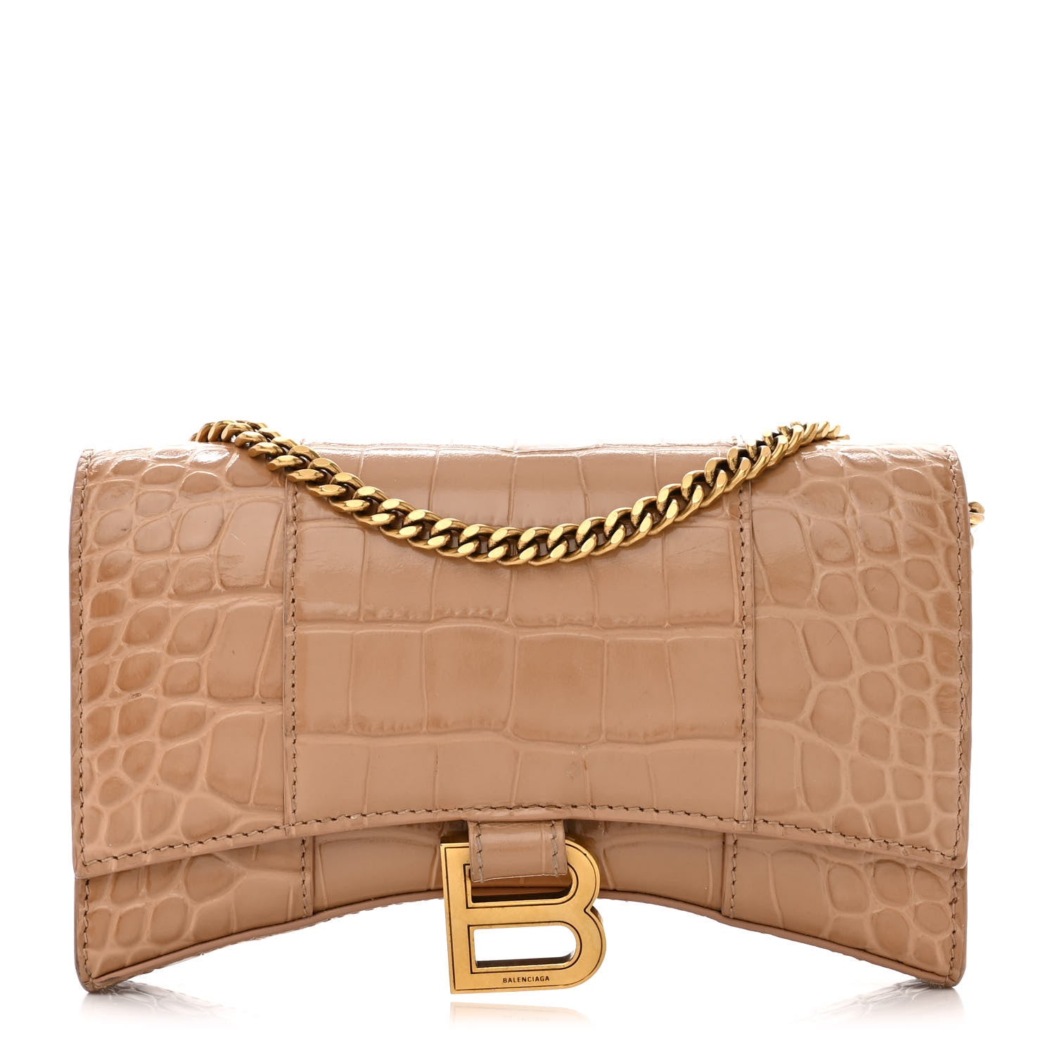 Balenciaga Shiny Calfskin Crocodile Embossed Hourglass Chain Bag Nude Beige 1 of 9