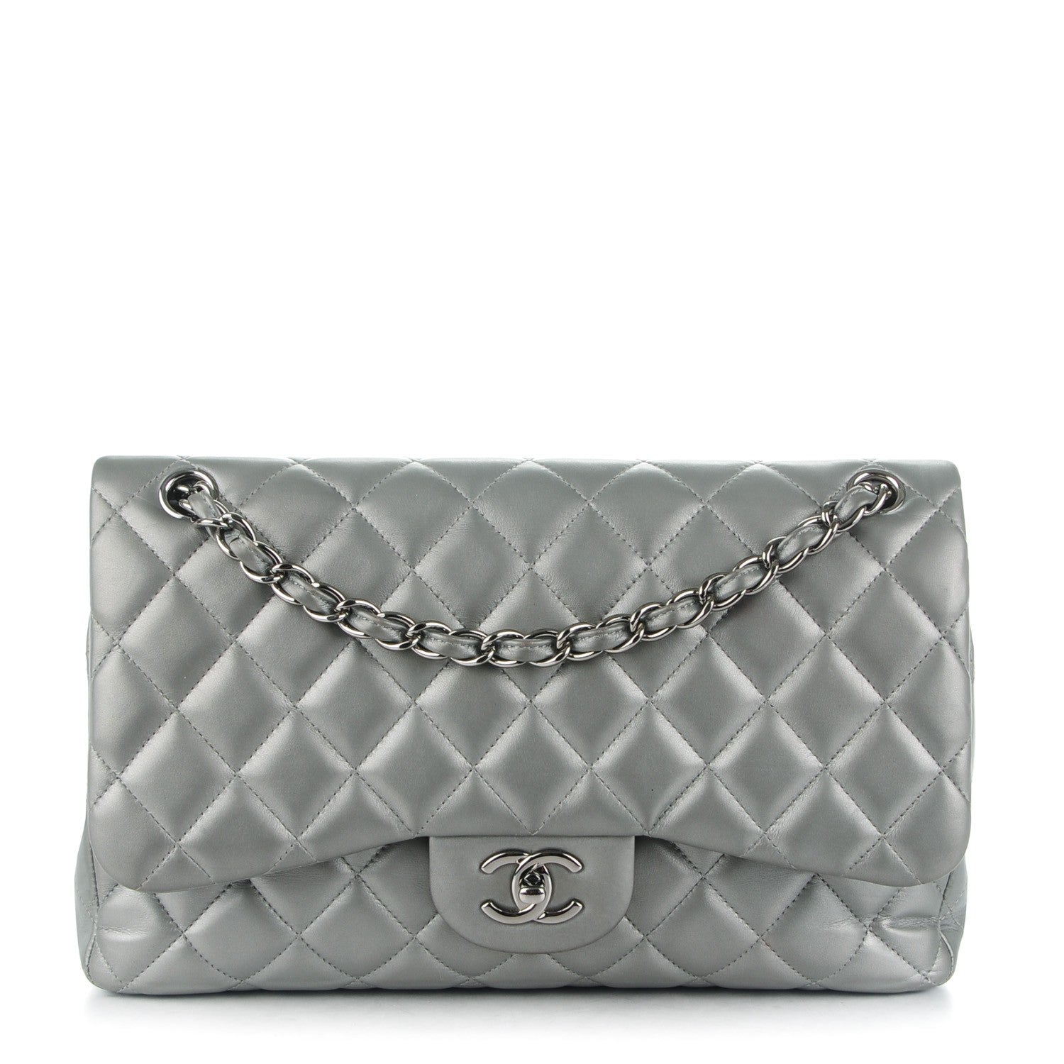 Chanel Metallic Lambskin Quilted Jumbo Double Flap Silver 1 of 9