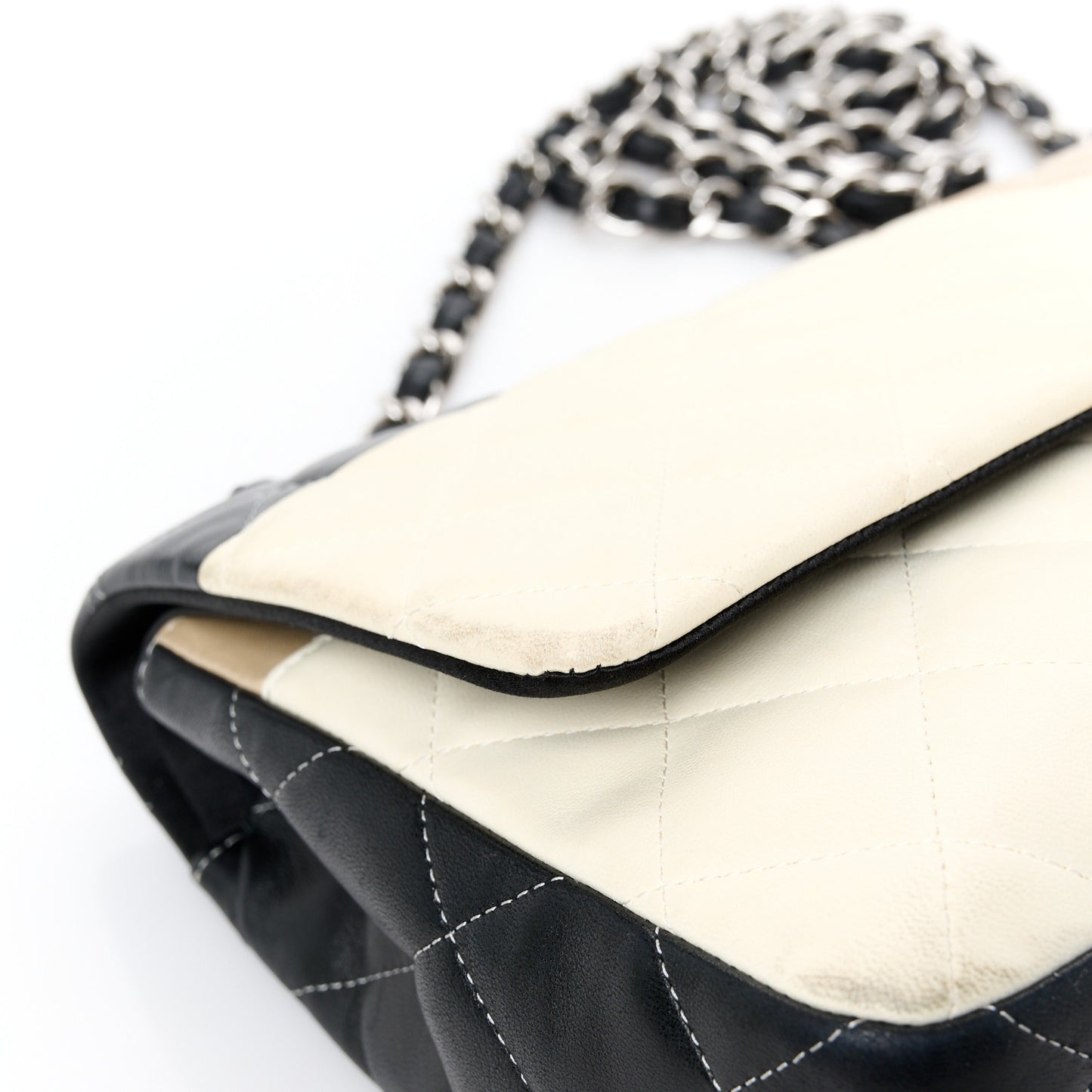 Lambskin Quilted Colorblock Jumbo Double Flap Black White Beige
