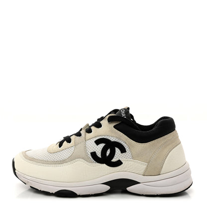 Chanel Mesh Suede Calfskin Grained Calfskin Womens CC Sneakers 39.5 White Black 1 of 8