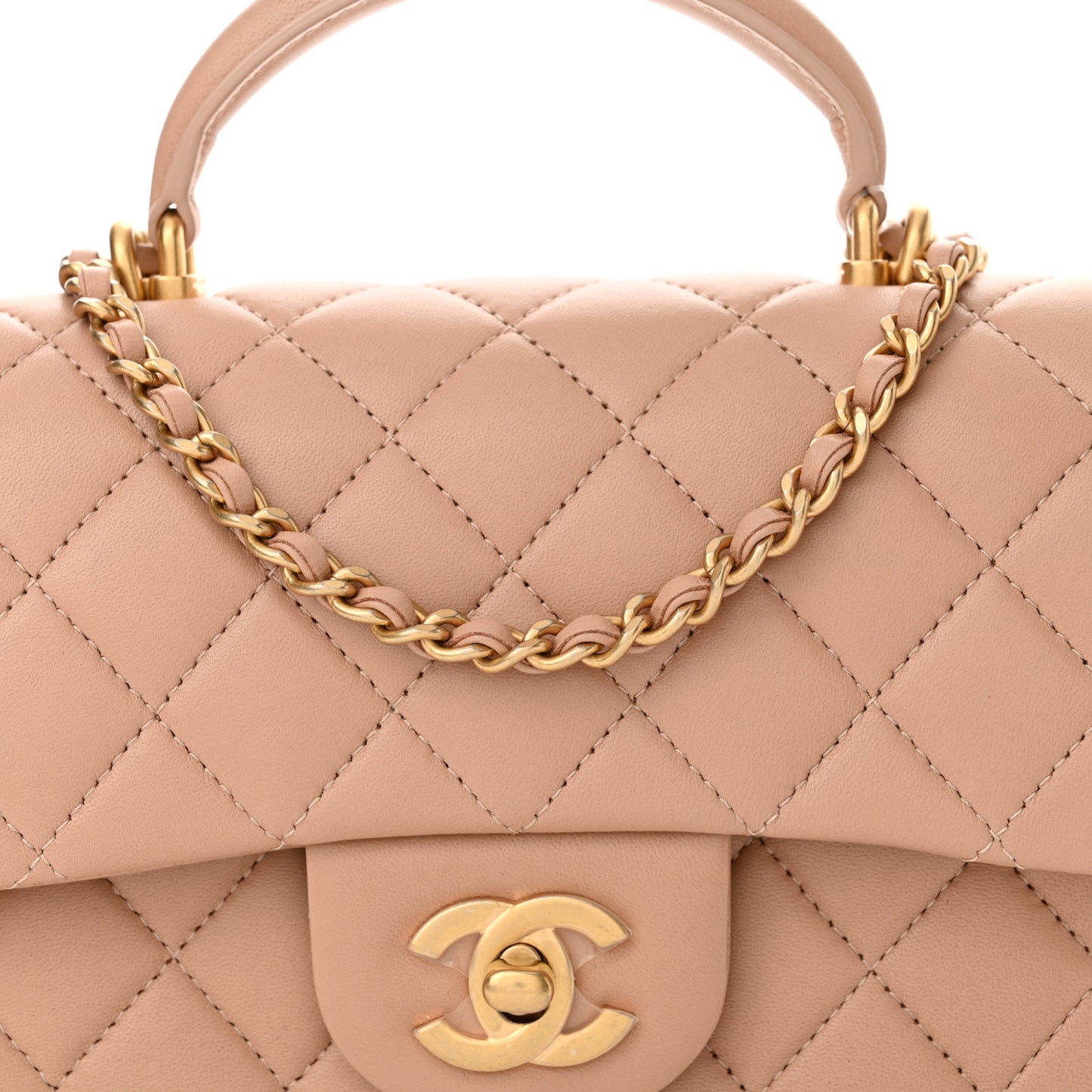 Lambskin Quilted Mini Top Handle Rectangular Flap Beige