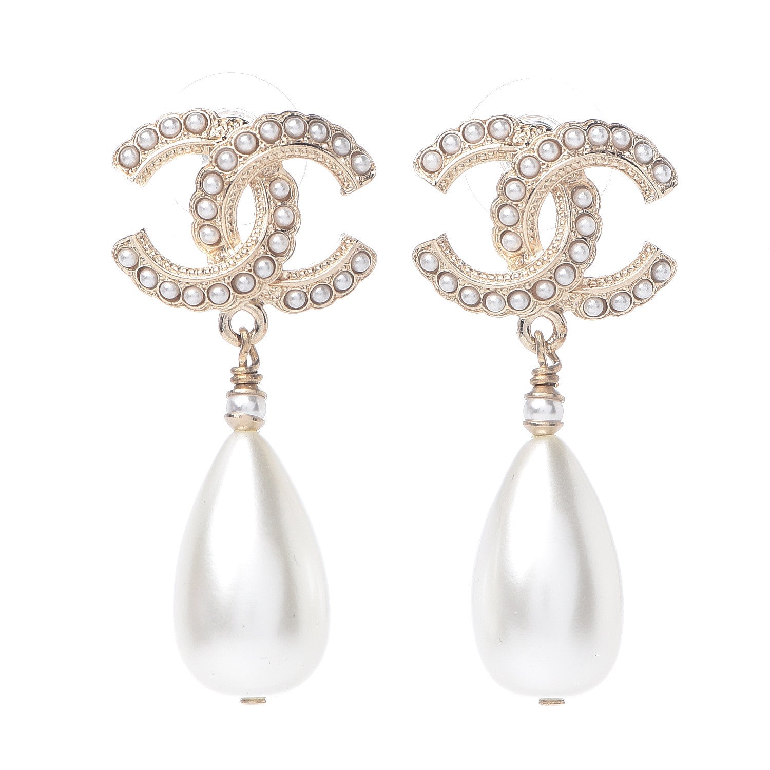 Chanel Pearl CC Drop Earrings Gold Pearly White 1 of 5