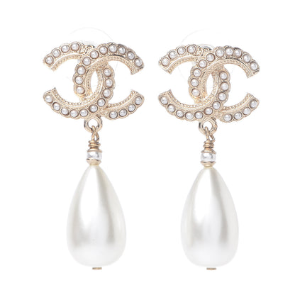Chanel Pearl CC Drop Earrings Gold Pearly White 1 of 5