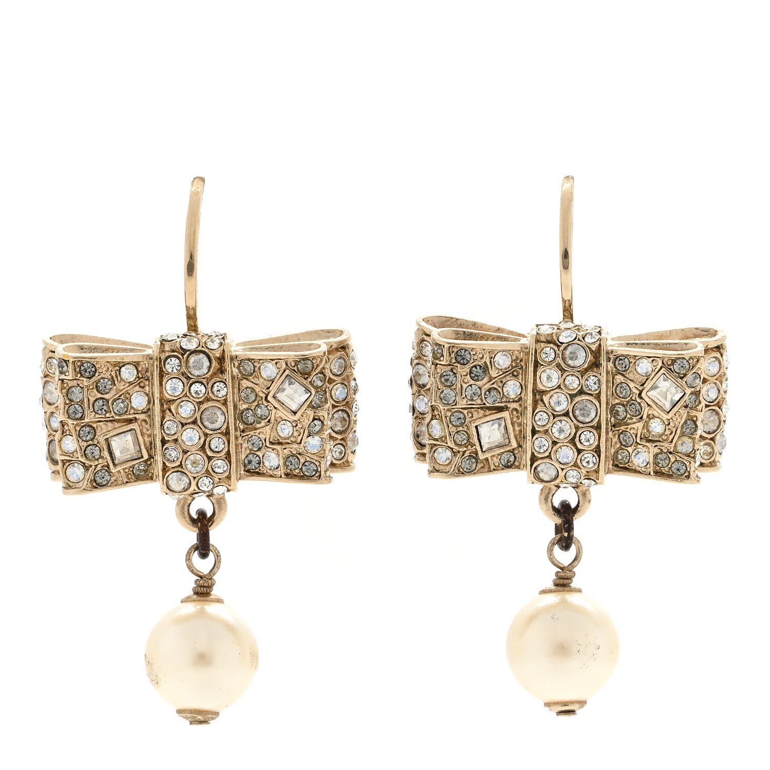 Chanel Metal Crystal Bow Pearl Earrings Gold 1 of 4