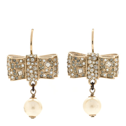Chanel Metal Crystal Bow Pearl Earrings Gold 1 of 4