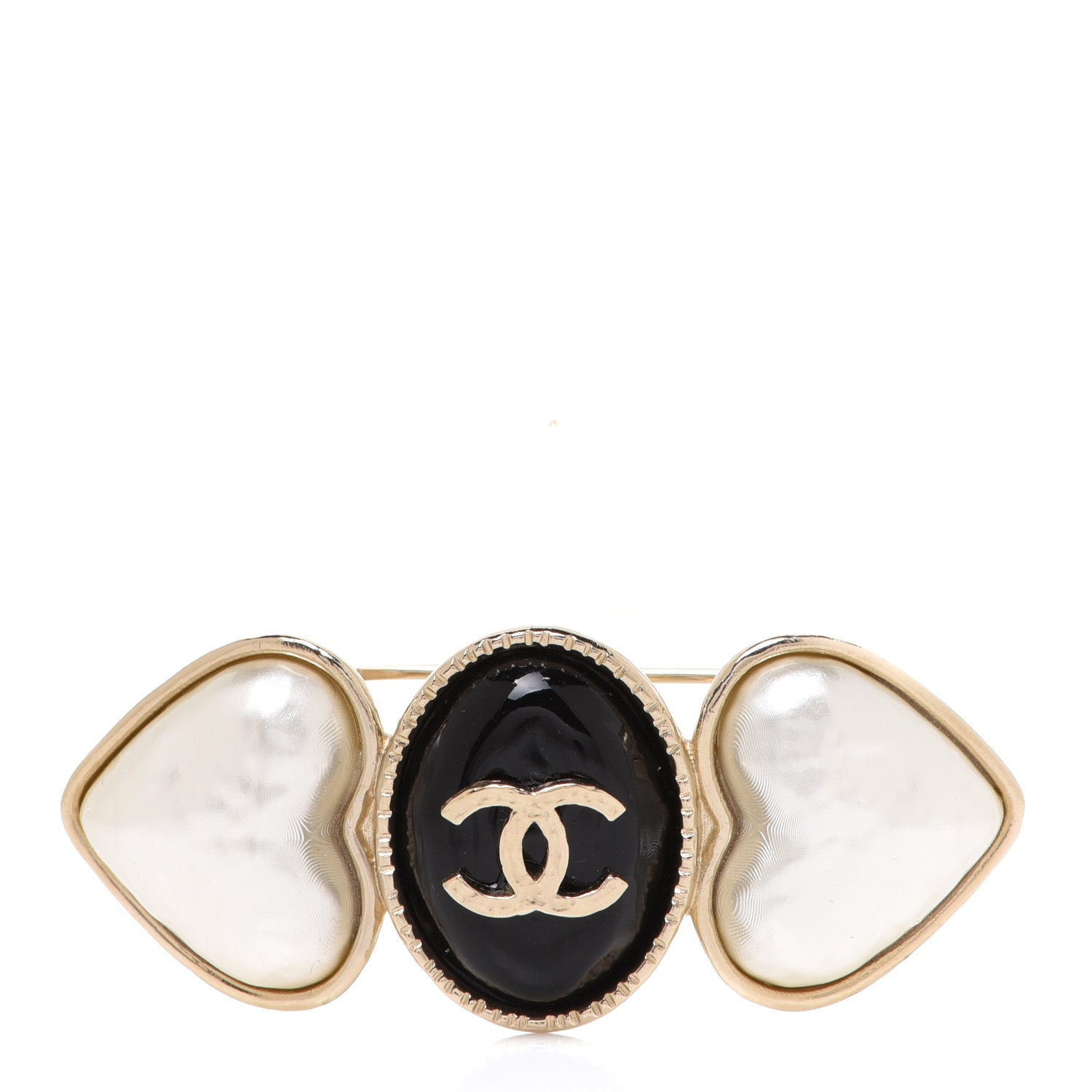 Chanel Pearl CC Heart Brooch Pearly White Gold Black 1 of 5