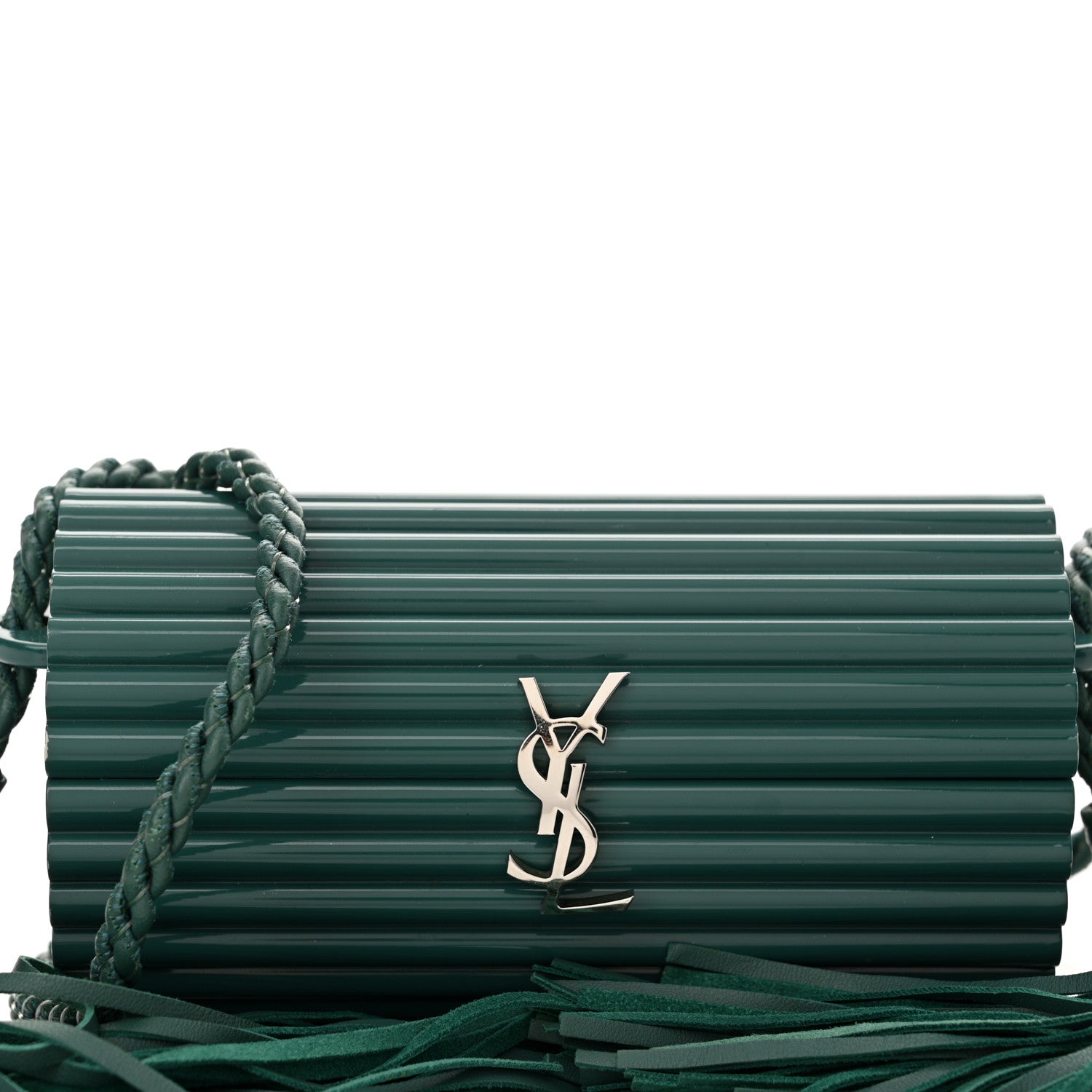 Saint Laurent Ribbed Plexiglass Lambskin Fringe Monogram Opium Box Bag Green 8 of 16