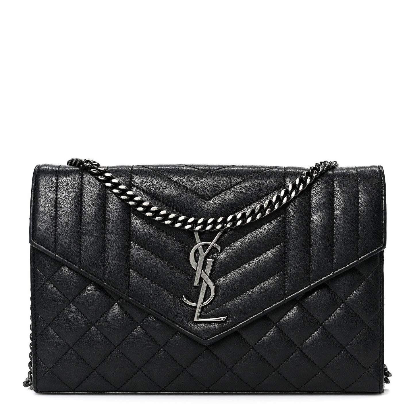Sheepskin Tri-Quilt Monogram Envelope Chain Wallet Black