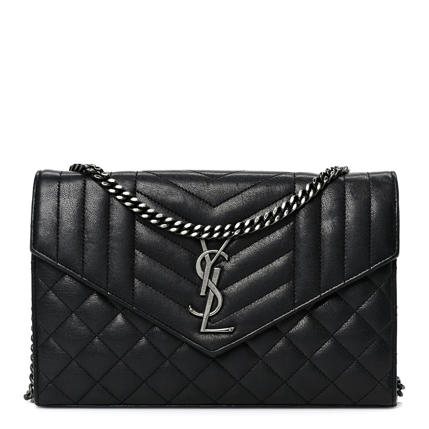 Saint Laurent Sheepskin Tri-Quilt Monogram Envelope Chain Wallet Black 1 of 9