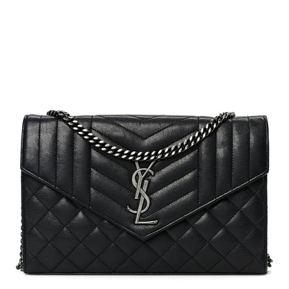 Saint Laurent Sheepskin Tri-Quilt Monogram Envelope Chain Wallet Black 1 of 9