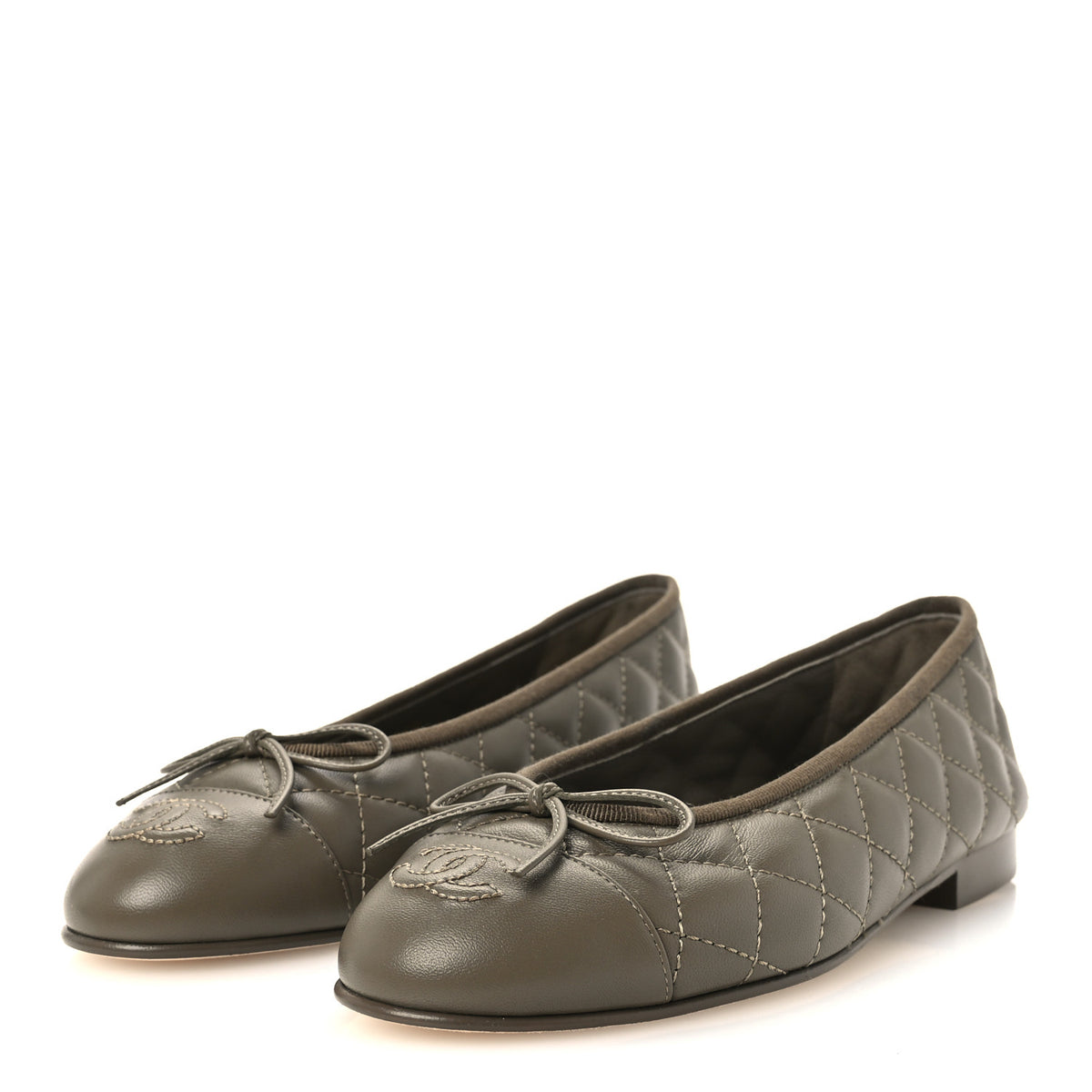 Chanel Lambskin Quilted CC Cap Toe Ballerina Flats 37 Dark Khaki 4 of 9