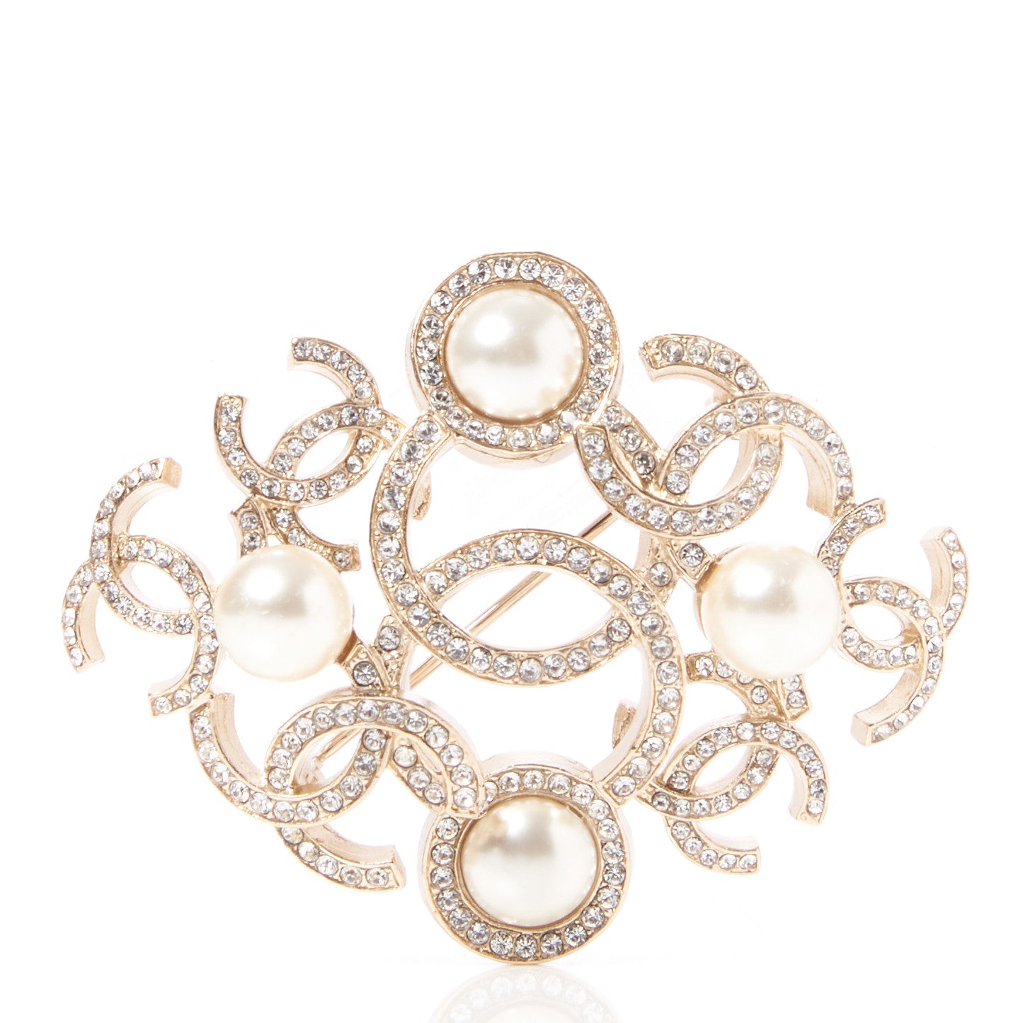 Chanel Pearl Crystal CC Brooch Light Gold 1 of 5