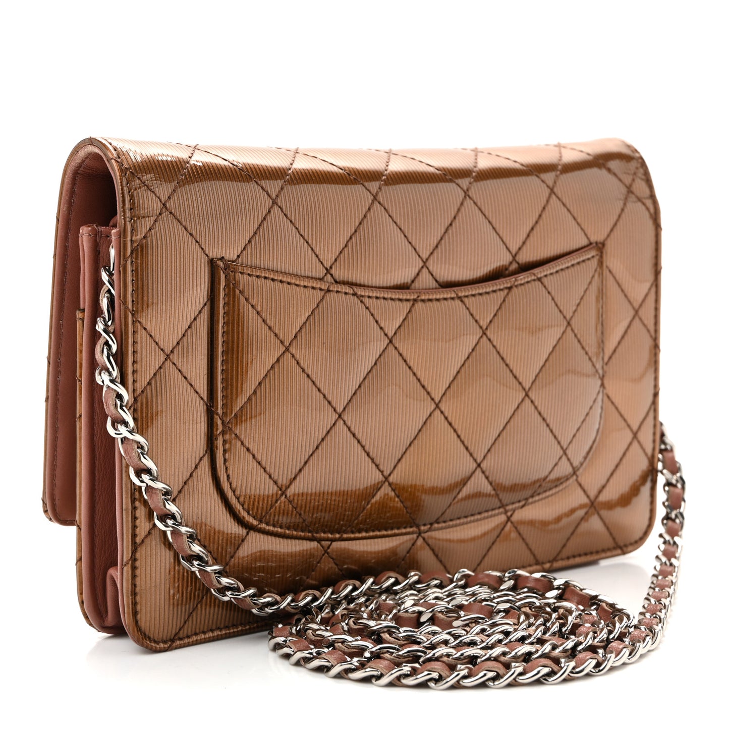 Metallic Striated Patent Quilted Wallet on Chain WOC Bronze