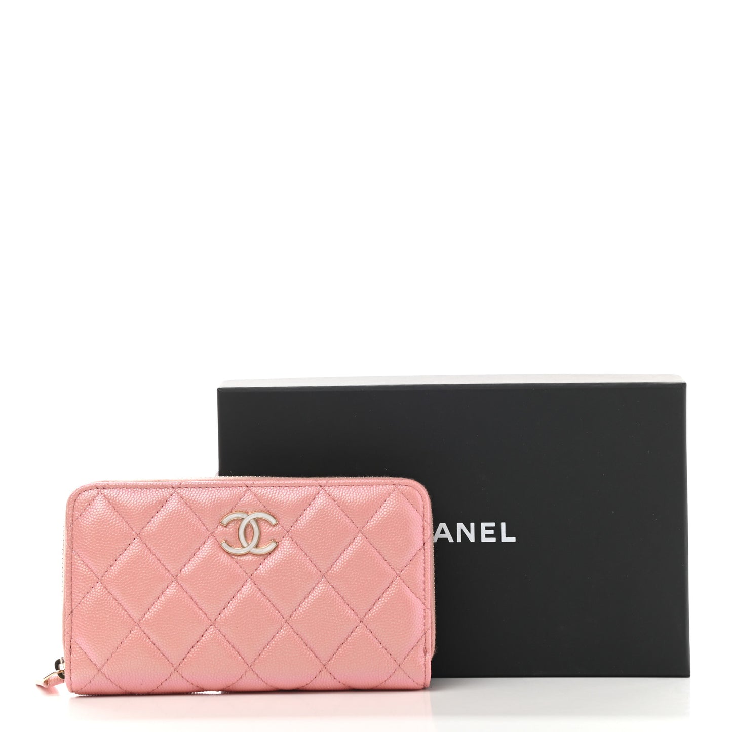 Iridescent Caviar Quilted Medium Zip Around Wallet Pink