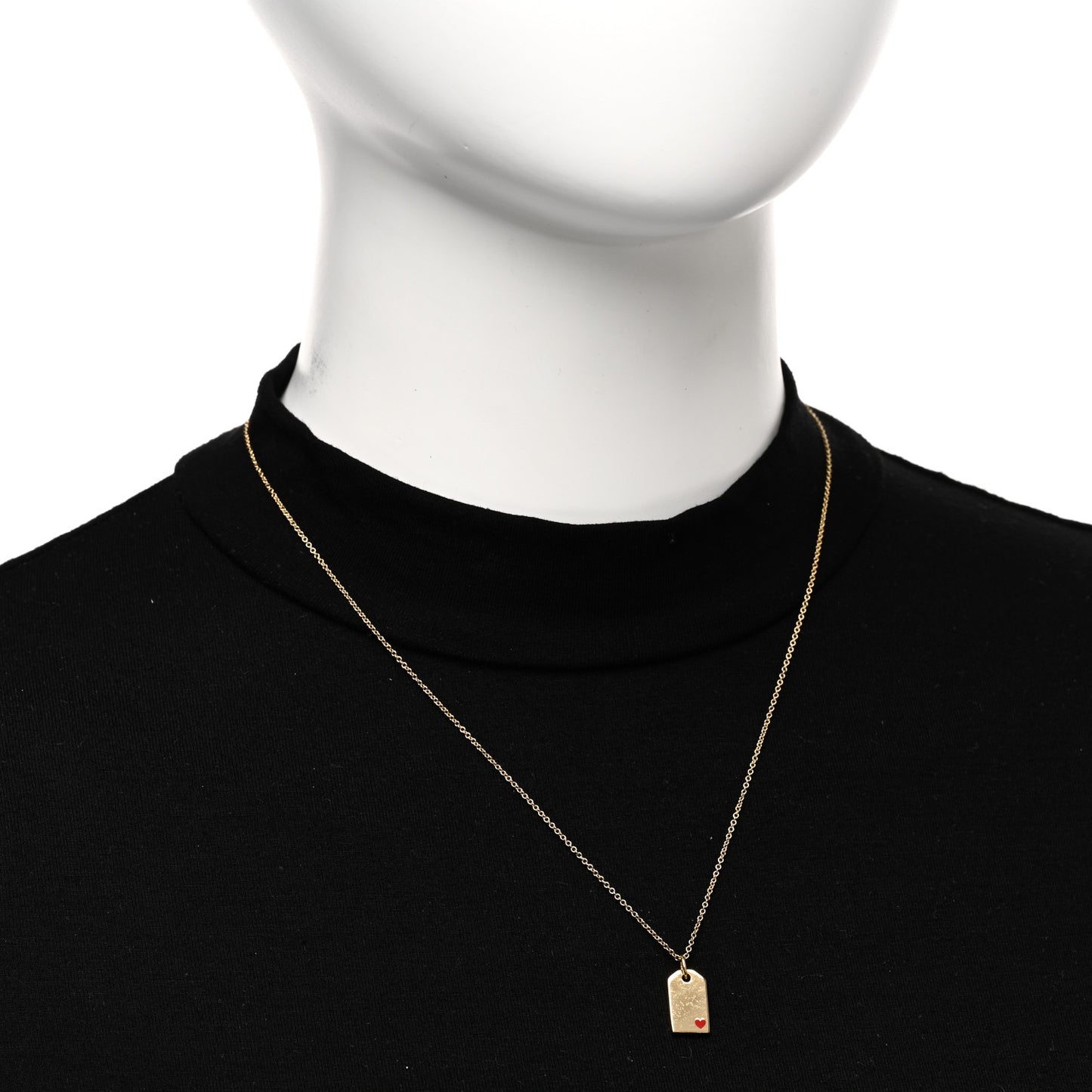 18K Yellow Gold Enamel Mini Tag Heart Pendant Necklace Red