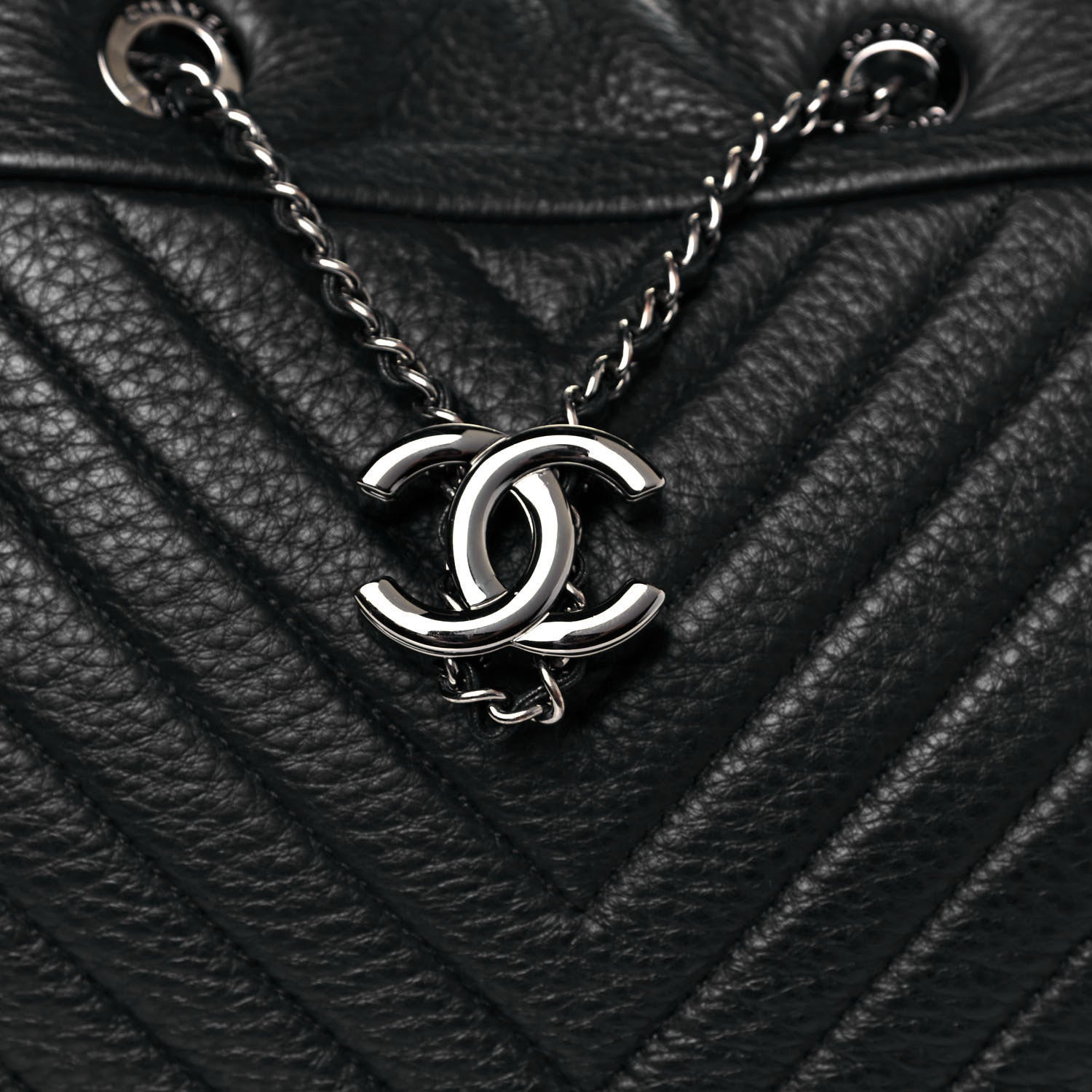 Chanel Deerskin Chevron Large CC Chain Bucket Drawstring Bag Black 7 of 9