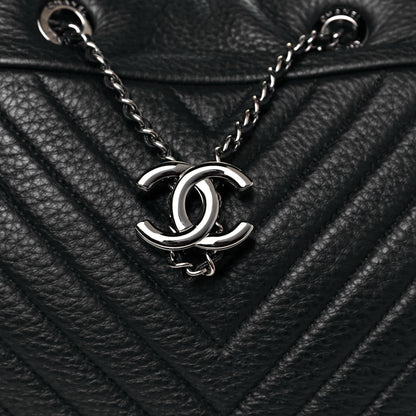 Chanel Deerskin Chevron Large CC Chain Bucket Drawstring Bag Black 7 of 9