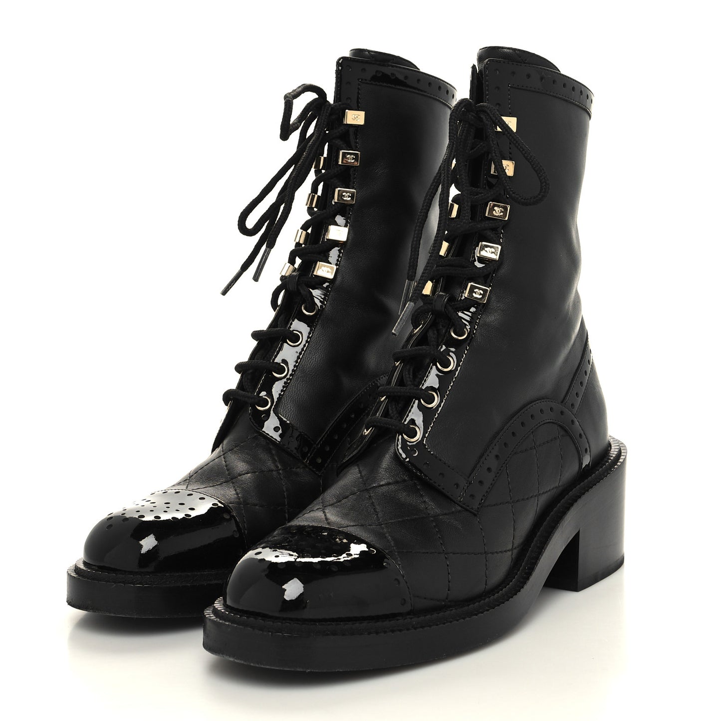 Lambskin Patent Calfskin Quilted CC Lace Up Combat Boots 37 Black