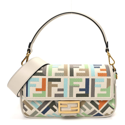 Fendi Canvas Vitello Seta FF Multicolor Embroidered Baguette Grezzo Multicolor Latte 1 of 10