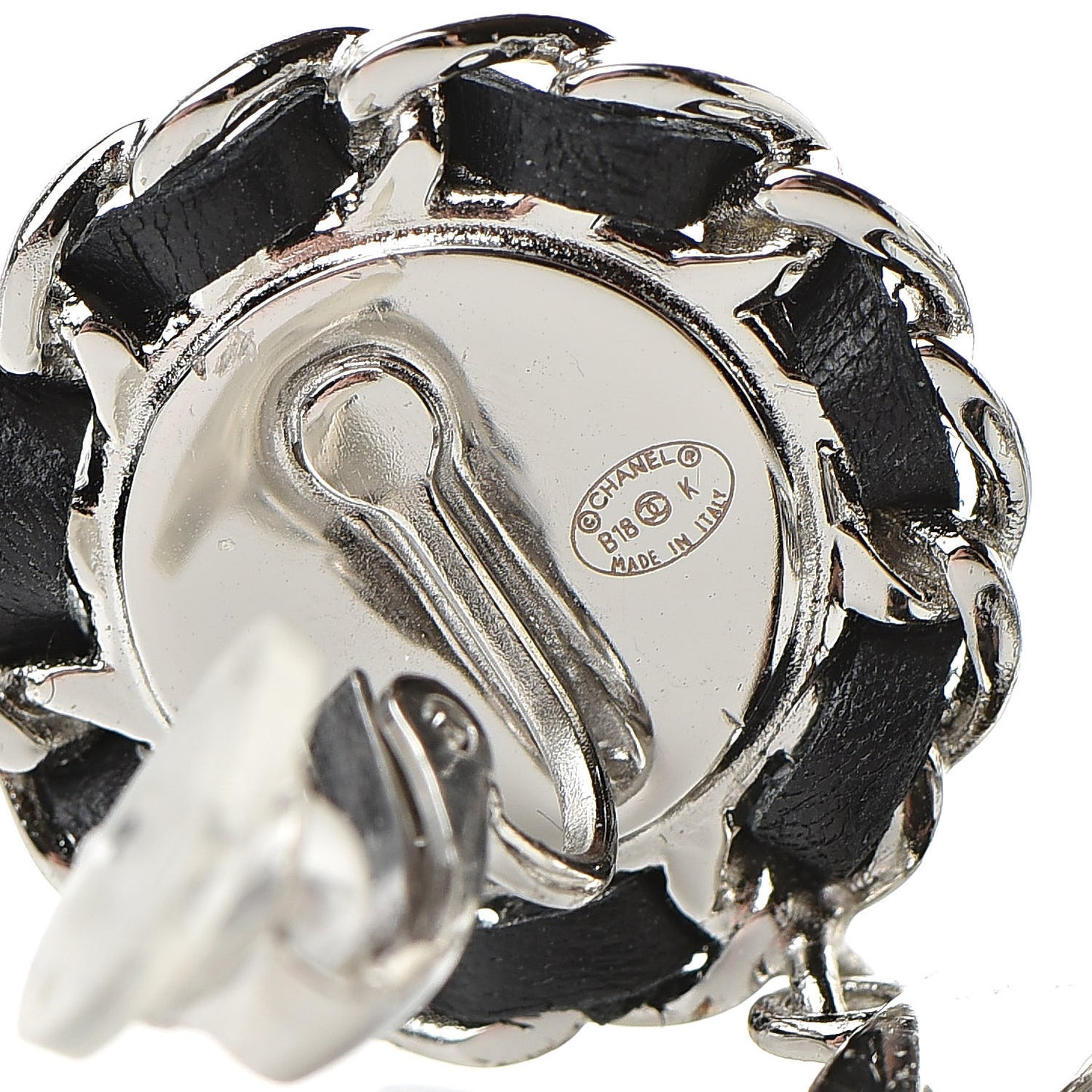 Crystal Lambskin Chain CC Hoop Clip On Earrings Black Silver