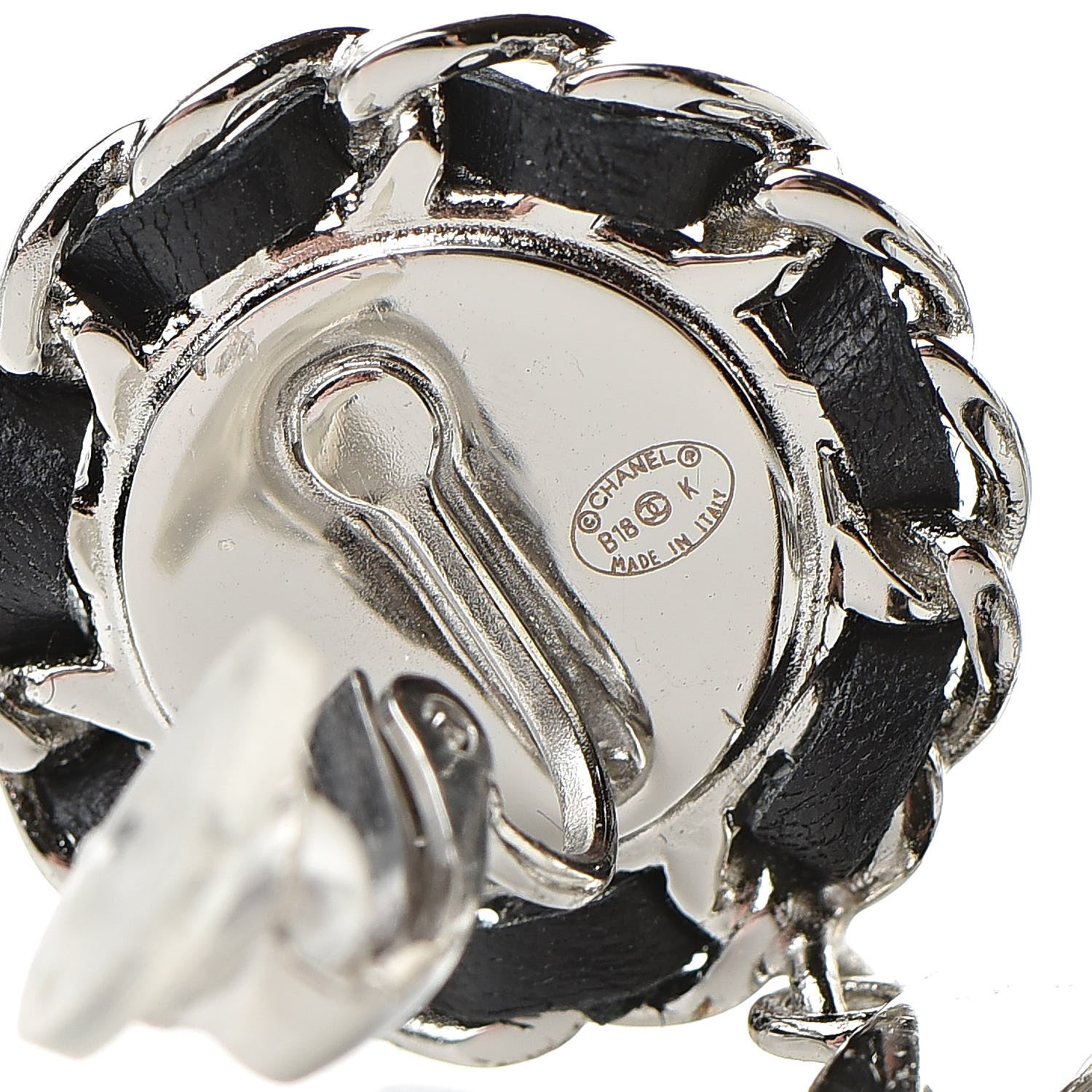 Chanel Crystal Lambskin Chain CC Hoop Clip On Earrings Black Silver 4 of 4