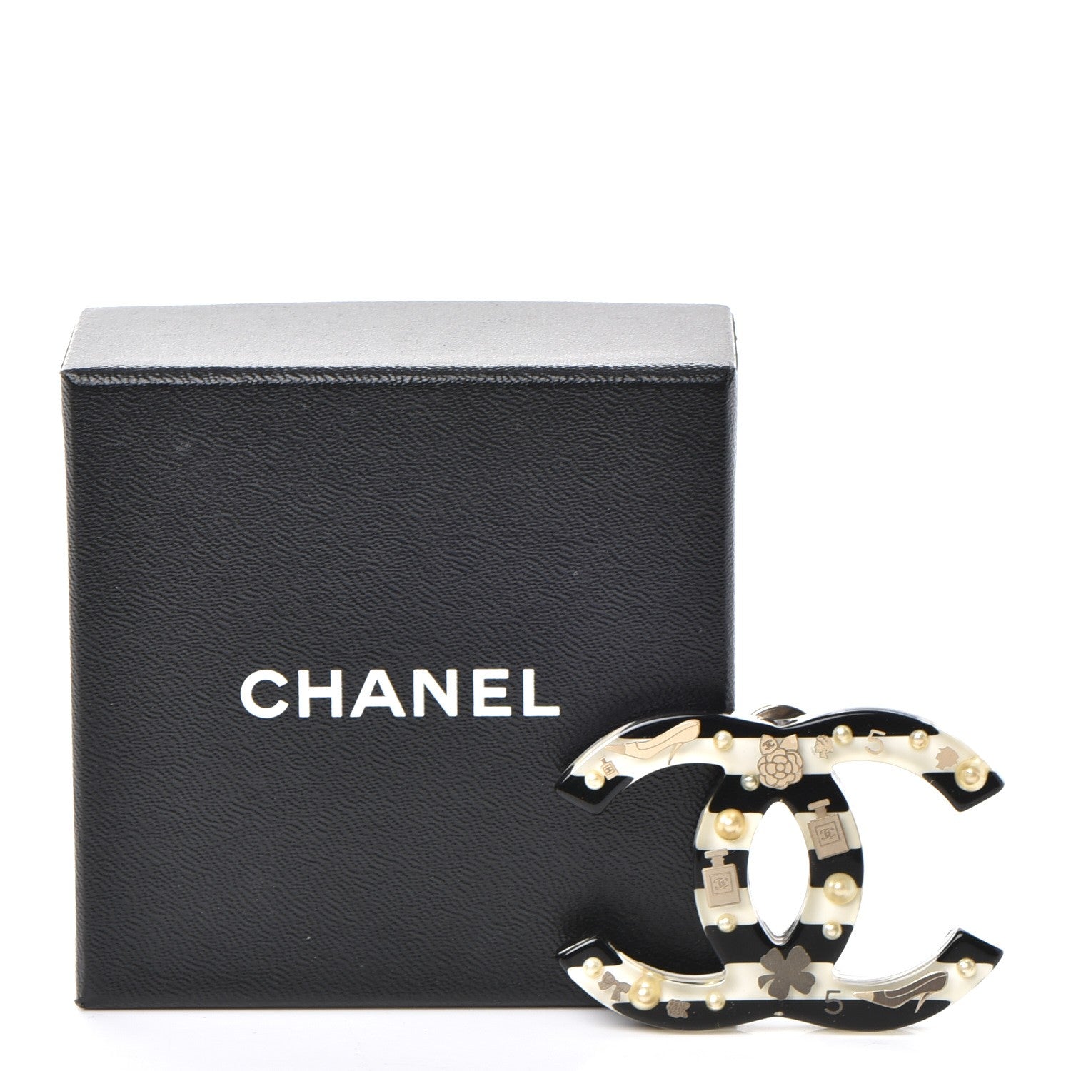 Chanel Resin Pearl Enamel Striped CC Brooch Black White 6 of 6
