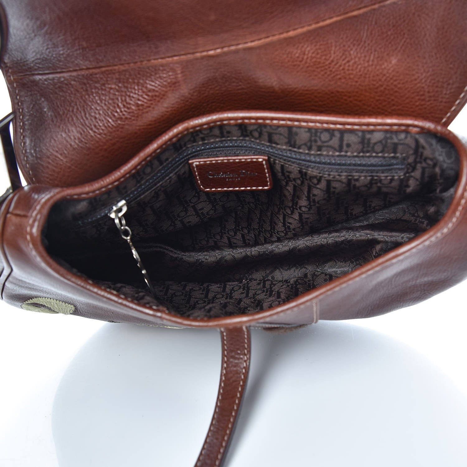 Christian Dior Calfskin Embroidered Romantic Flowers Saddle Bag Brown 5 of 9