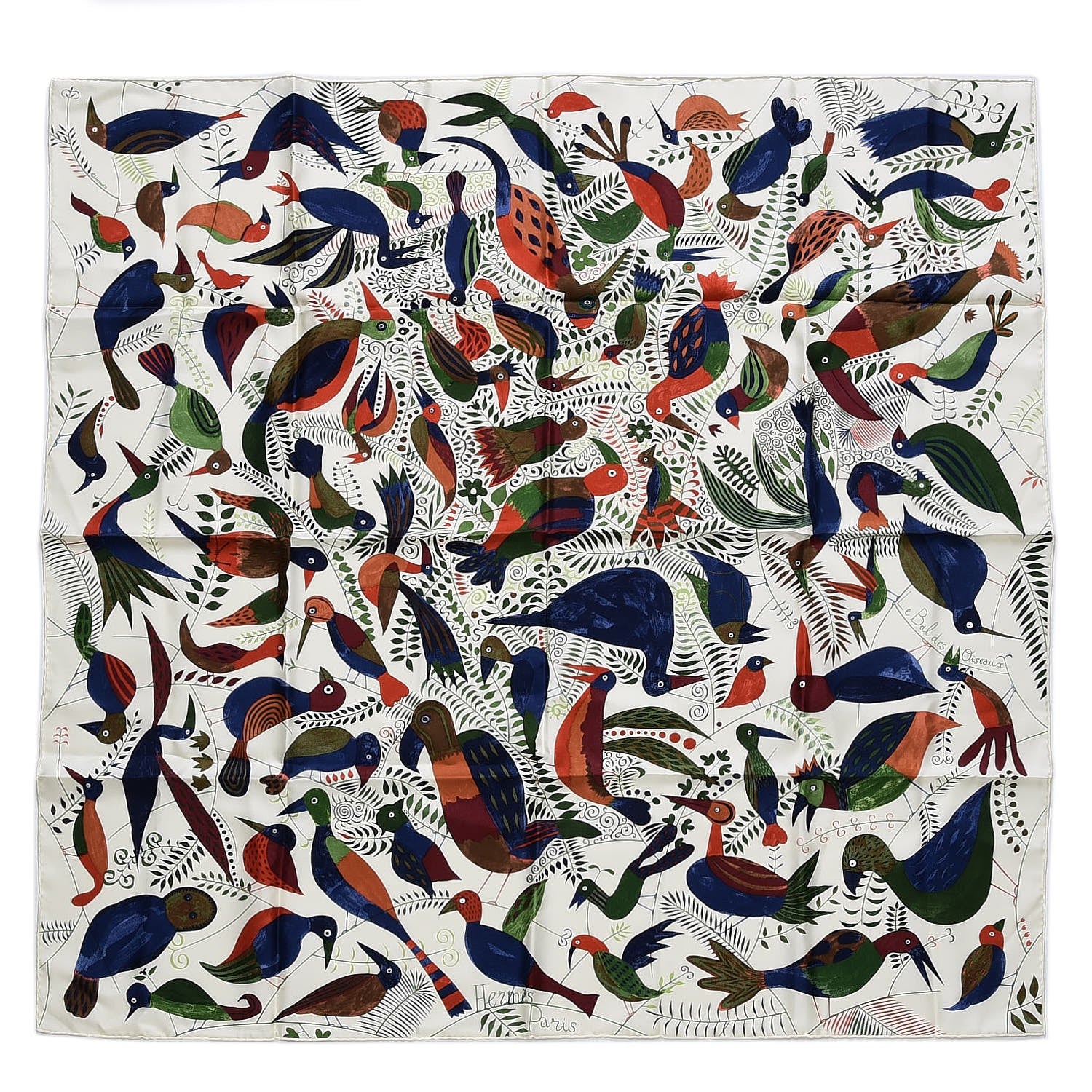 Hermes Silk Le Bal Des Oiseaux Scarf 90 Ecru Vert Brique 1 of 4
