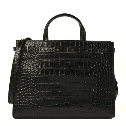Saint Laurent Shiny Calfskin Crocodile Embossed Small Manhattan Shopper Tote Black 1 of 10