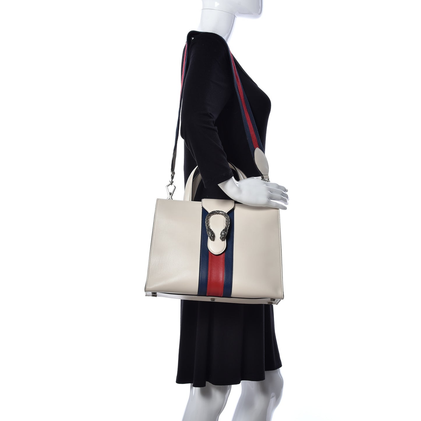 Calfskin Web Stripe Medium Dionysus Tote Bag White