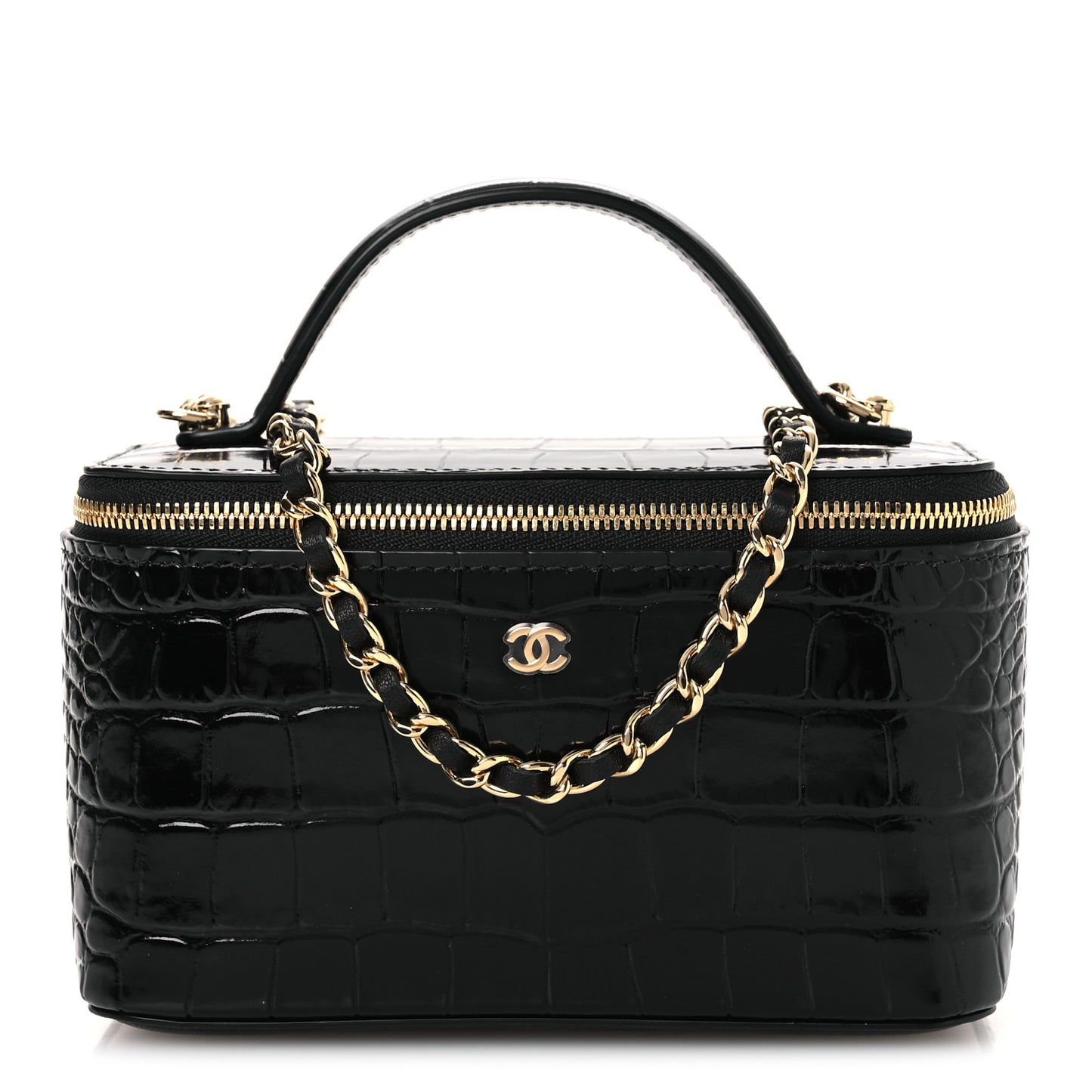 Calfskin Crocodile Embossed Crococo Small Top Handle Vanity Case With Chain Black