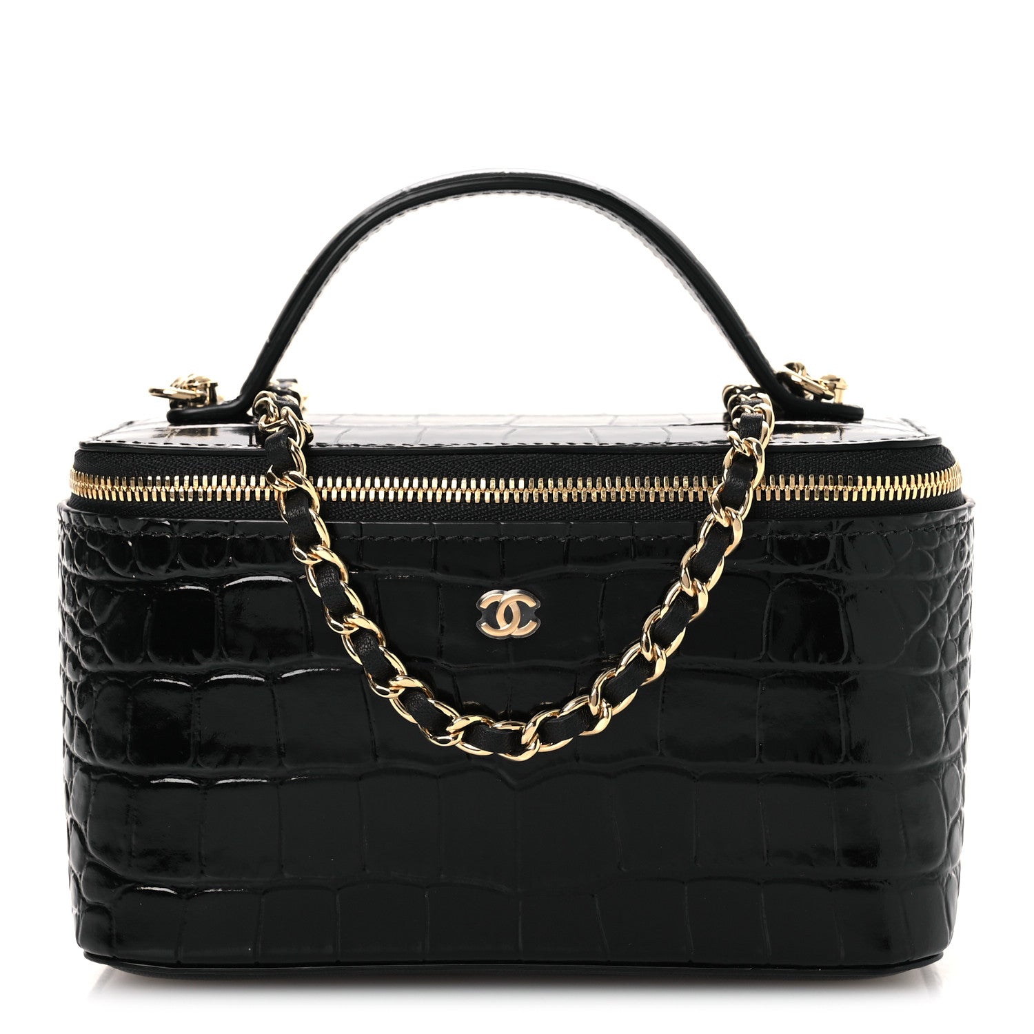 Chanel Calfskin Crocodile Embossed Crococo Small Top Handle Vanity Case With Chain Black 1 of 14