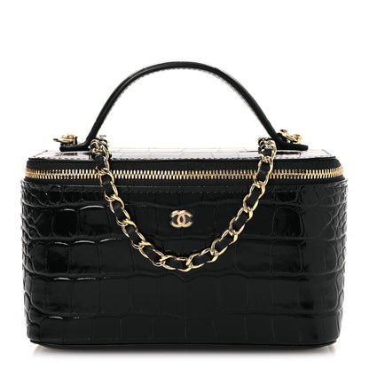 Chanel Calfskin Crocodile Embossed Crococo Small Top Handle Vanity Case With Chain Black 1 of 14