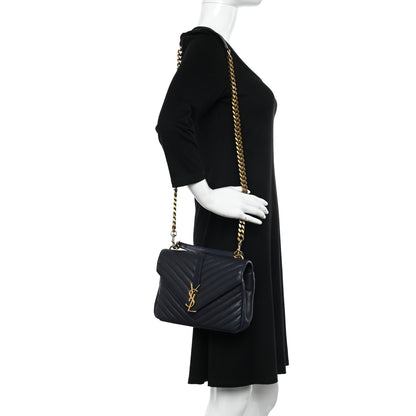 Saint Laurent Sheepskin Matelasse Chevron Monogram Medium College Bag Deep Marine 2 of 12