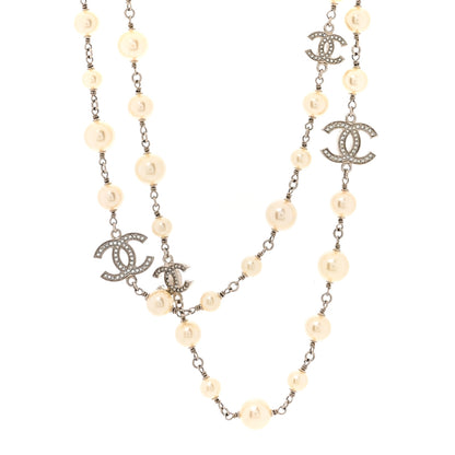 Chanel Graduated Pearl Crystal CC Long Necklace Silver 1 of 4