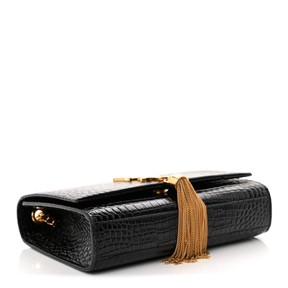 Saint Laurent Calfskin Crocodile Embossed Small Classic Monogram Kate Tassel Satchel Black 4 of 10