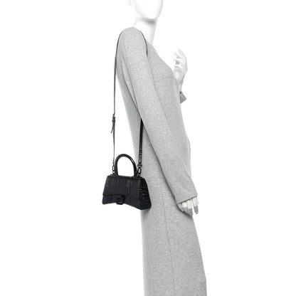 Balenciaga Shiny Calfskin Monochrome Crocodile Embossed Hourglass Top Handle Bag XS Black 2 of 9