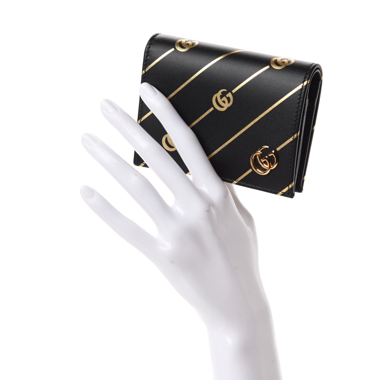 Calfskin Diagonal GG Card Case Black Gold