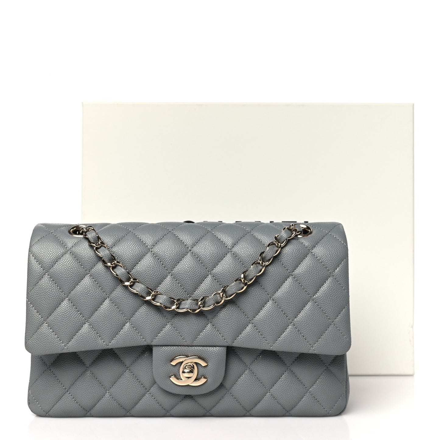 Caviar Quilted Medium Double Flap Grey