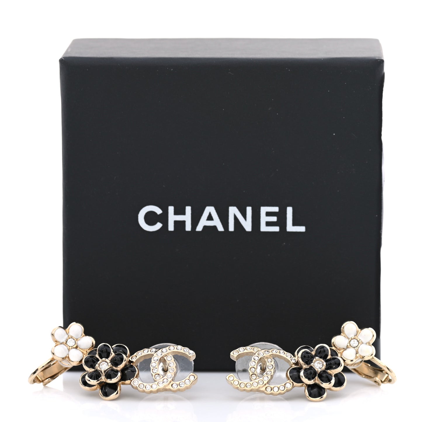 Crystal Enamel Flower CC Earrings Gold White Black