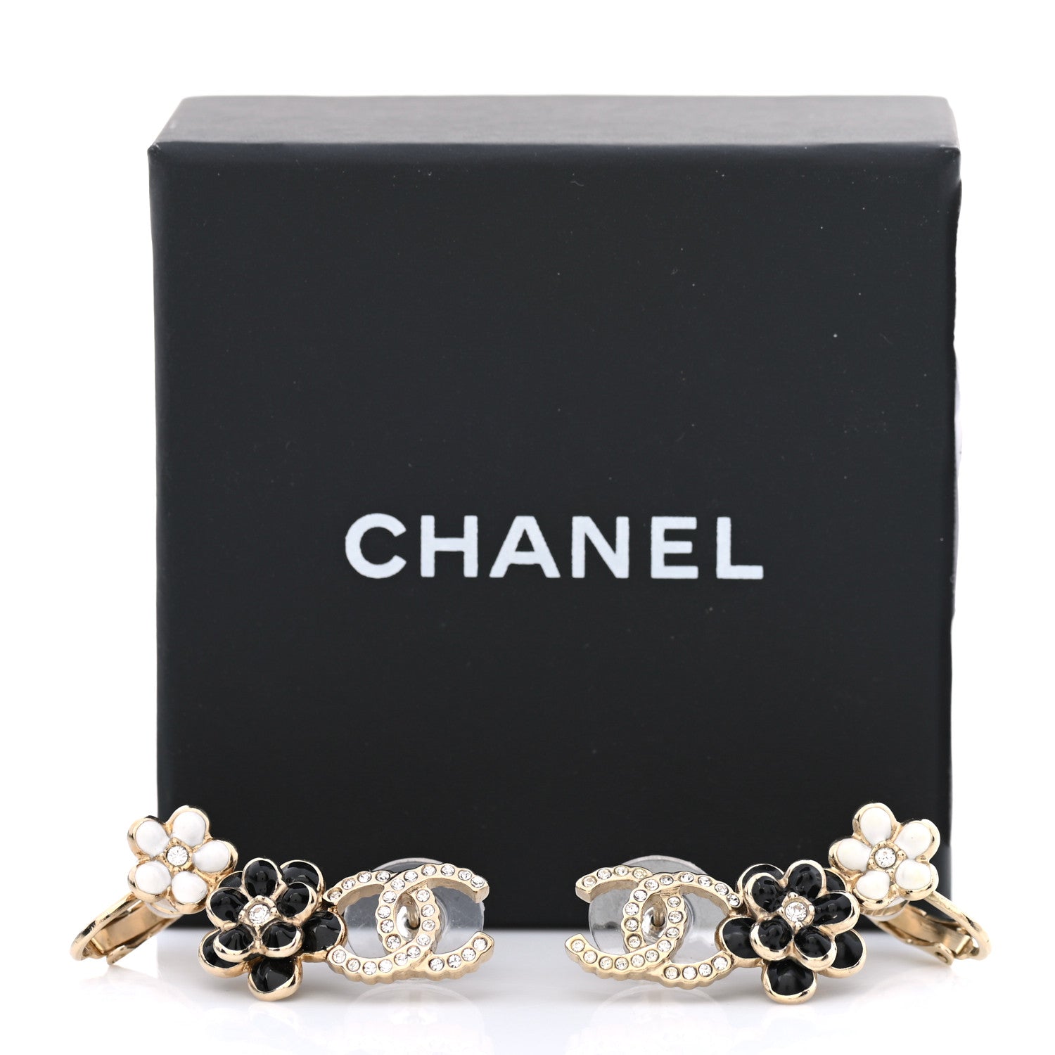Chanel Crystal Enamel Flower CC Earrings Gold White Black 5 of 5