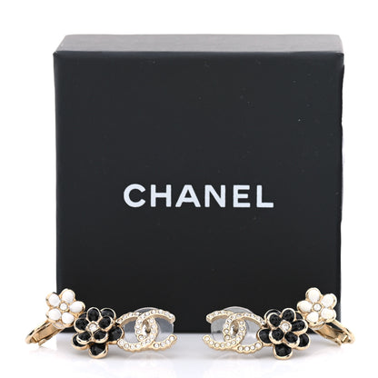 Chanel Crystal Enamel Flower CC Earrings Gold White Black 5 of 5