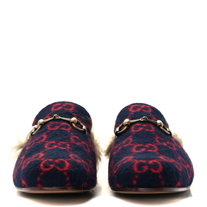 Gucci Velvet GG Monogram Fur Mens Princetown Slippers 7 Navy Red 3 of 11