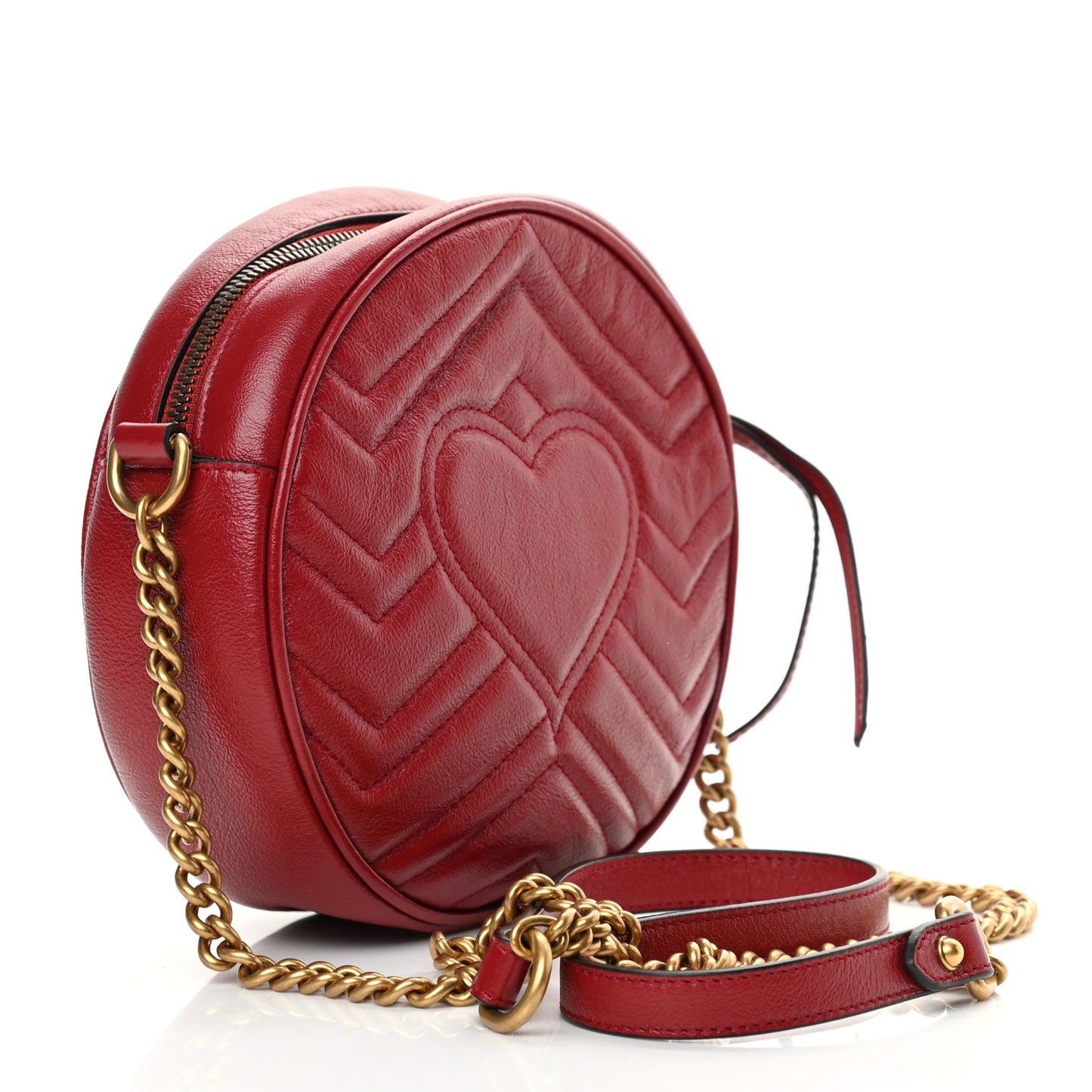 Glazed Calfskin Matelasse Heart Mini GG Marmont Round Shoulder Bag Romantic Cerise