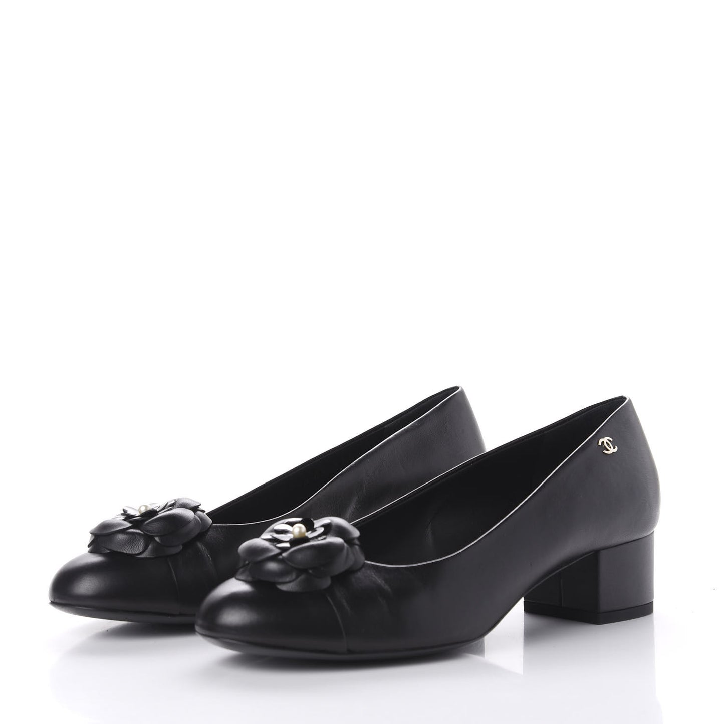 Lambskin Pearl Camellia Cap Toe Pumps 38.5 Black